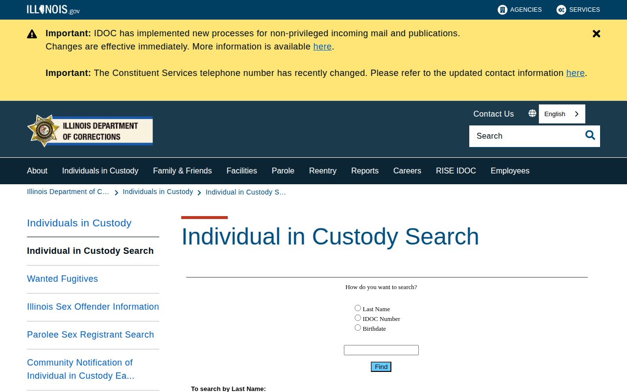 Illinois Department of Corrections offender search page